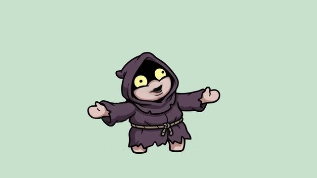A 2D animated cartoon character of a dark hooded cultist monk with glowing yellow eyes opening arms, isolated against a light neutral backdrop. Great for fantasy RPG game assets, horror animation over