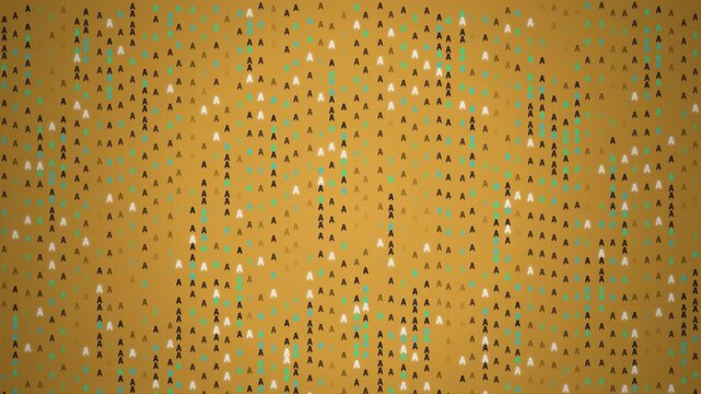 Dynamic digital animation of small 'A' letters in black, white, green, and blue on a mustard yellow background, ideal for educational content, business presentations and technology backgrounds