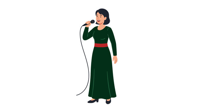 illustration of a professional female singer performing on stage with a wired microphone
