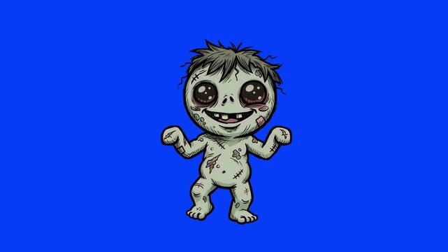 A 2D animated cartoon character of a funny, cute zombie kid with big eyes standing in a spooky pose, isolated against a solid blue studio backdrop. Great for Halloween video assets, horror comedy anim