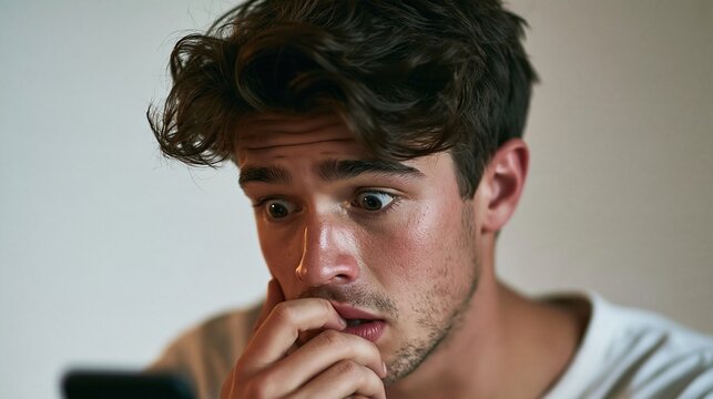 Shocked young man reacting with fear and panic to reading bad news or an alarming text message on his smartphone.