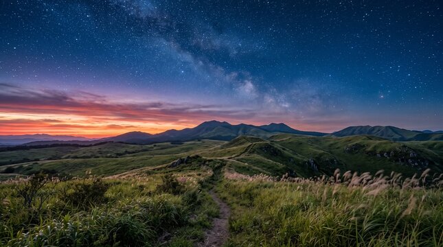 夕暮れの高原の草地となだらかな丘陵、夕焼けの空に輝き始める満天の星空