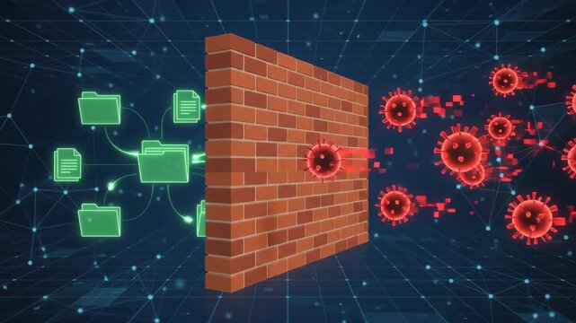 digital brick wall firewall blocks streaming data files and folders in virtual cyberspace environment with glowing geometric network grid pattern in the background