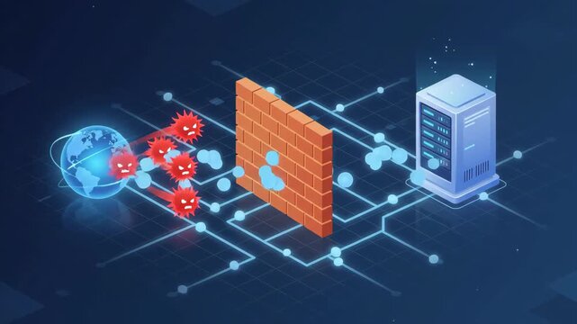 Digital firewall protecting server data transmission from global network threats across glowing isometric circuit board background