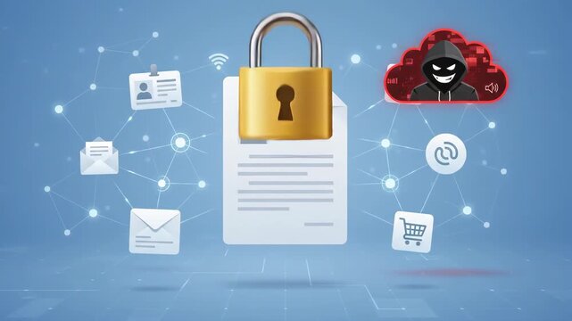 cybercriminal targeting personal digital documents in virtual cloud environment featuring network connections and data security icons on blue background representing information theft