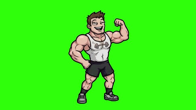 A 2D animated cartoon character of a strong muscular bodybuilder flexing his biceps in a tank top and shorts, isolated against a bright chroma key green screen backdrop. Perfect for fitness explainer 