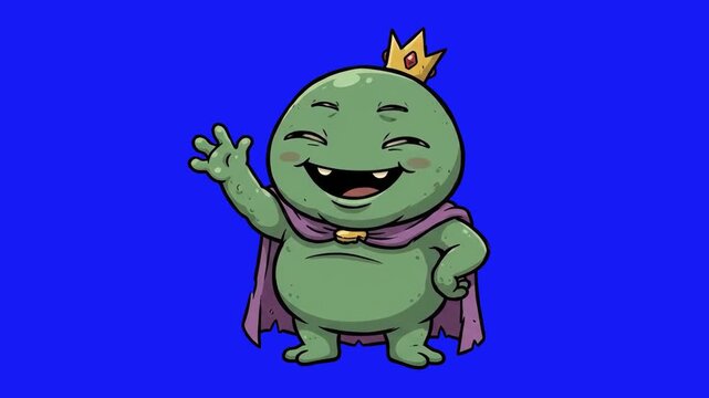 A cute 2D animated green blob king monster wearing a golden crown and purple cape, smiling and waving hand happily on a solid blue studio backdrop. Great for mobile games, children's fantasy stories, 