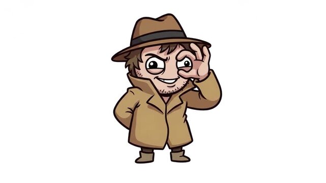 A quirky 2D animated detective mascot wearing a classic brown coat and hat, making an OK hand sign over his eye like binoculars on a clean white background. Excellent for mystery game visualizers, fun