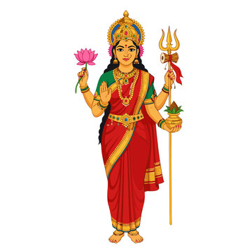 Digital illustration of Hindu Goddess Maa Parvati wearing a red saree holding sacred symbols