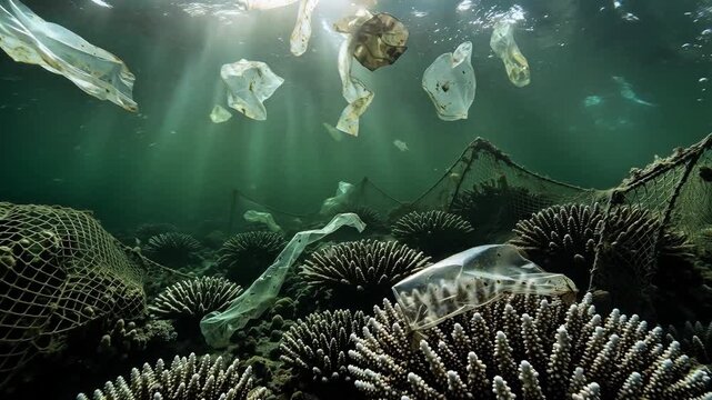 Severe Marine Plastic Pollution and Abandoned Fishing Nets Destroying Fragile Coral Reef Ecosystems Underwater
