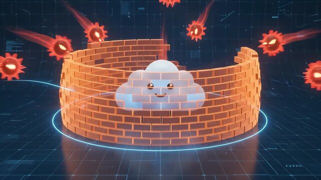cute smiling cloud character is protected by digital force field inside cyber network while red aggressive virus icons attack from the background in this conceptual security illustration