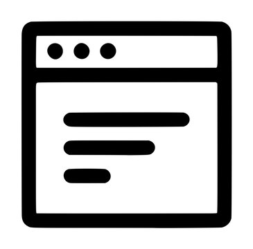 Hand-drawn black and white vector icon illustration of a terminal window with three traffic light dots and text lines, perfect for software and coding themes