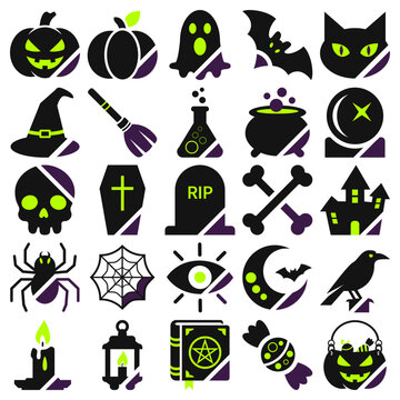 Halloween Icon Set mit 25 gruseligen Vektor-Symbolen &ndash; K&uuml;rbis, Geist, Hexe, Fledermaus, Katze und Spukhaus