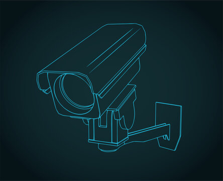 CCTV security camera on wall mount bracket isometric blueprint illustration