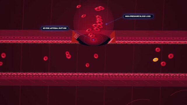 Medical animation of a zeolite hemostatic dressing applied to a severe arterial rupture, detailing water adsorption, platelet compaction, fibrin cross-linking, and rapid thrombus formation