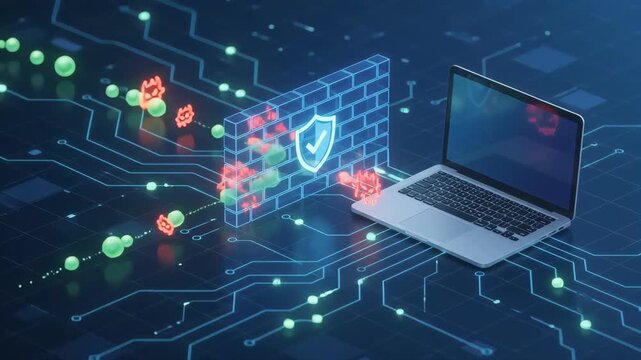 laptop protected by glowing digital firewall blocking red malicious cyber threats and viruses on dark network circuit background