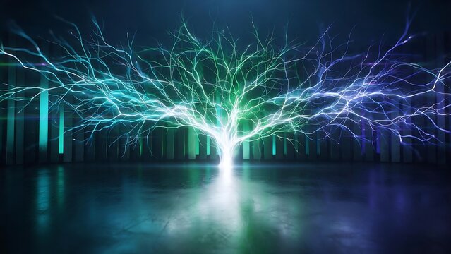 Luminous digital tree of life with glowing electric branches, futuristic neon neural network concept, abstract energy discharge in a dark studio