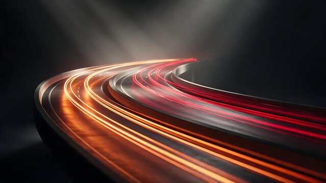 Long exposure light trails on a curved highway, abstract motion blur of red and orange car lights, futuristic night traffic speed concept
