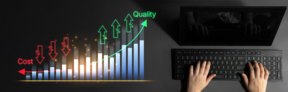 Hands on Keyboard with Graph Illustrating Cost and Quality Relationship in Business Analytics and Management Strategy. Bitwise.