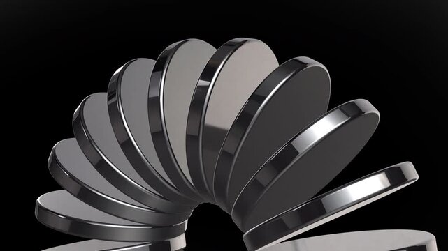 Sleek silver metallic plate spring curve, glowing chrome circle rotation loop, dynamic industrial abstract motion clip, futuristic tech background design