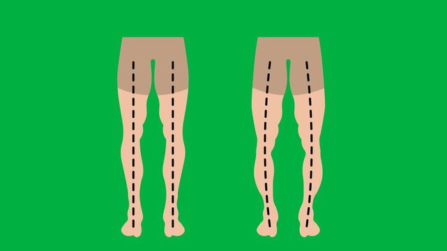 Medical vector animation displaying an anatomical comparison between normal leg alignment and bowed lower limbs, highlighting genu varum, rickets, osteomalacia, knock knees (genu valgum)