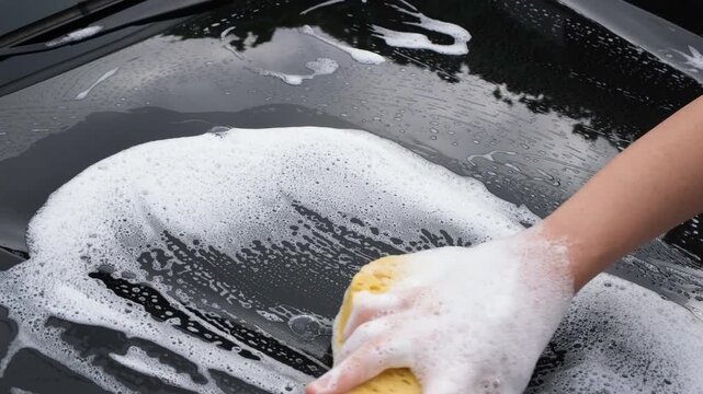 Close-up of a hand washing a black car with a soapy sponge, creating rich foam during vehicle cleaning, showcasing automotive care, maintenance, and detailing