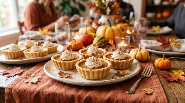 Mini pumpkin pies with whipped cream on a festive autumn table. Perfect for autumn catering, Thanksgiving desserts, and cozy holiday gatherings with family and friends.