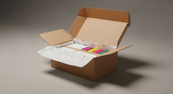 A minimalist cardboard box sits open on a neutral surface, revealing soft white tissue paper and a neatly arranged premium parcel inside, cardboard, packaging, shipping
