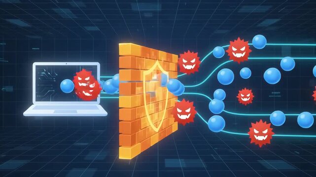 laptop sends defensive digital data streams to neutralize malevolent virus icons against dark glowing grid background representing complex virtual network environment