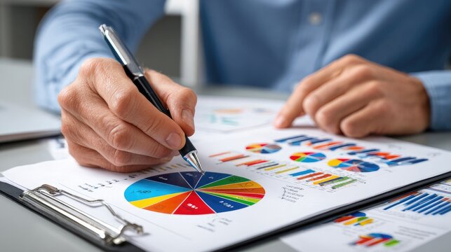 Financial Analysis in Action: A close-up shot captures a professional diligently analyzing financial reports and colorful charts with a pen, showcasing data interpretation and business strategy.