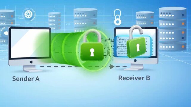 Secure data transmission between two computers through protected digital tunnel on plain blue background illustrating encrypted network connectivity and information privacy