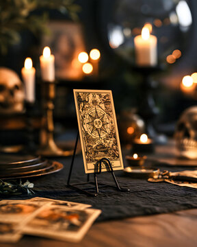 Tarot Card on Display Stand with Candles and Skulls in Occult Interior