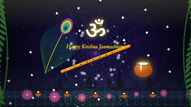 Happy Krishna Janmashtami Festive Greeting Video with Peacock Feather, Flute, Om Symbol and Dahi Handi