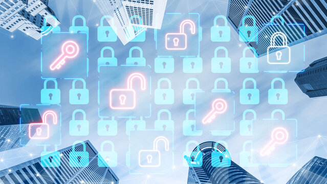 Digital technology concept showing key and lock symbols floating above modern skyscrapers against a blue sky, representing security in urban environments. Entropy.