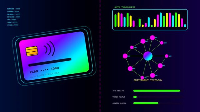 Digital subscription billing data visualization displays dynamic credit card interfaces with pulsing network nodes and shifting bar graphs across three panel transitions for financial system analysis