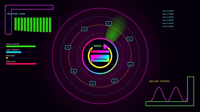 A subscription billing system interface displays rotating credit card icons within a digital scanner grid surrounded by glowing purple circles and data visualization line graphs