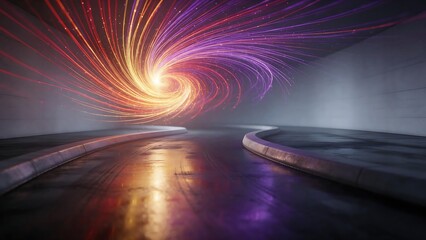 Fototapeta premium Futuristic light trail vortex in dark concrete room, glowing neon energy spiral, abstract high speed motion background for technology and gaming