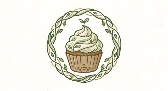 Organic Botanical Cupcake Logo Vector Illustration with Leafy Vine Wreath Frame