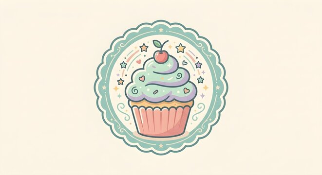 Cute pastel mint cupcake sticker badge vector illustration with cherry