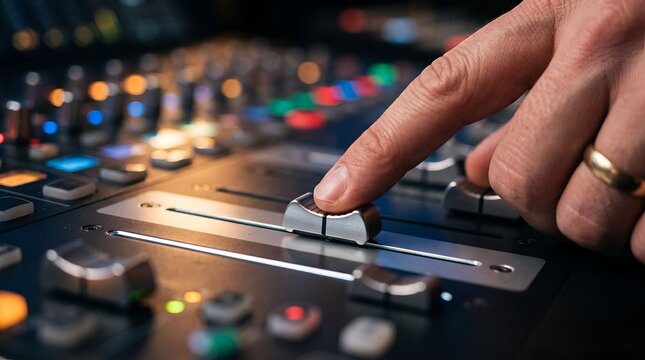 Close-up of a sound engineer's hand adjusting a fader on a professional audio mixing console
