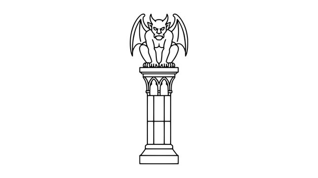 Gothic stone pillar with gargoyle carving vector icon illustration featuring a winged demon creature perched atop an ornate architectural column with arched details - detailed commercial stock