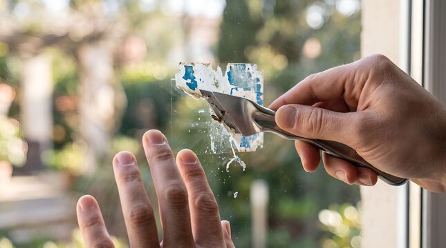 Close-up of hands using a razor blade scraper to remove old sticker residue from a glass window
