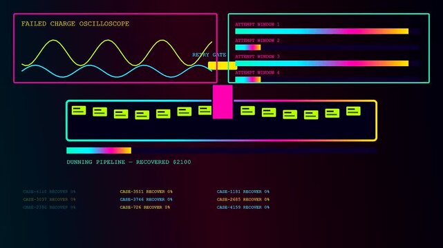 Monitoring a subscription billing process with digital flow graphs showing wave patterns and progress bar indicators on a dark interface for modern data management systems