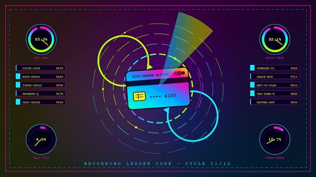A subscription billing system shows digital credit cards rotating in neon data displays with glowing circular interfaces and tracking metrics for financial analysis within a software
