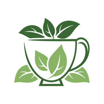 Stylized tea cup with green mint leaves for beverage logo