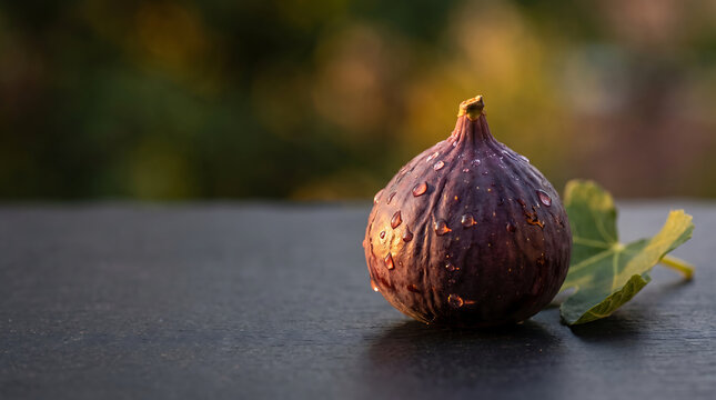 Single ripe purple fig with green leaf on a dark rustic surface in warm light, representing fresh seasonal fruit, healthy eating, natural food and organic produce.