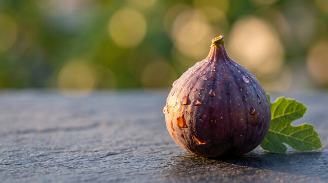 Single ripe purple fig with water droplets and green leaf on a rustic surface, representing fresh seasonal fruit, natural food, healthy eating and organic produce.