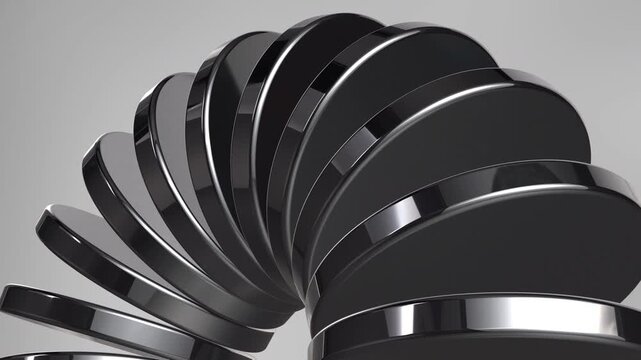Glossy black metallic plate spring wave, light grey background rotation loop, modern futuristic abstract design, seamless 3d motion graphic video clip