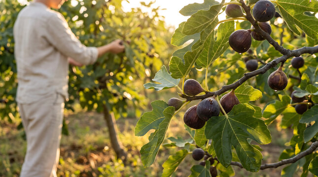 Fig farmer harvesting ripe purple figs from a tree in a sunny orchard, representing agriculture, organic farming, seasonal fruit harvest and fresh local produce.