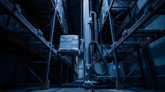 Automated stacker crane and shuttle system retrieving shrink-wrapped industrial pallets in an unmanned deep-freeze environment.